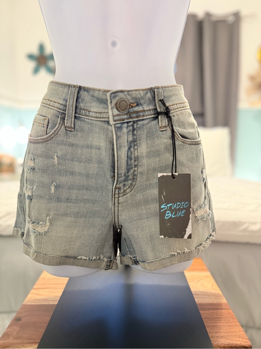 Studio Light Blue Distressed Denim Jean Shorts